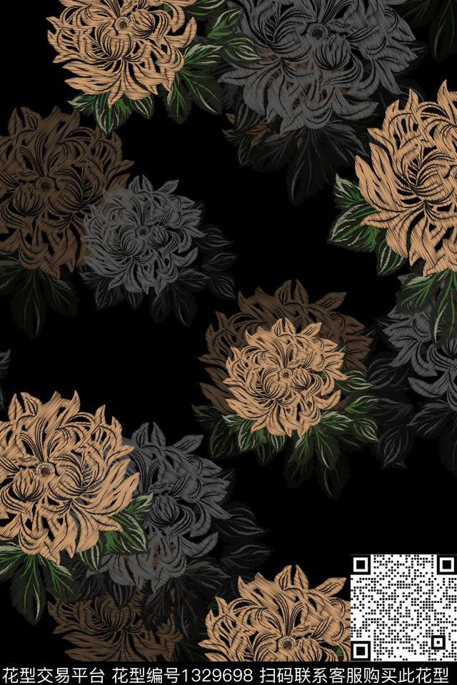 绣花华亿平台花卉香云纱数码印花华亿平台下载（图片编号: 1329698） - 瓦栏（Walan）