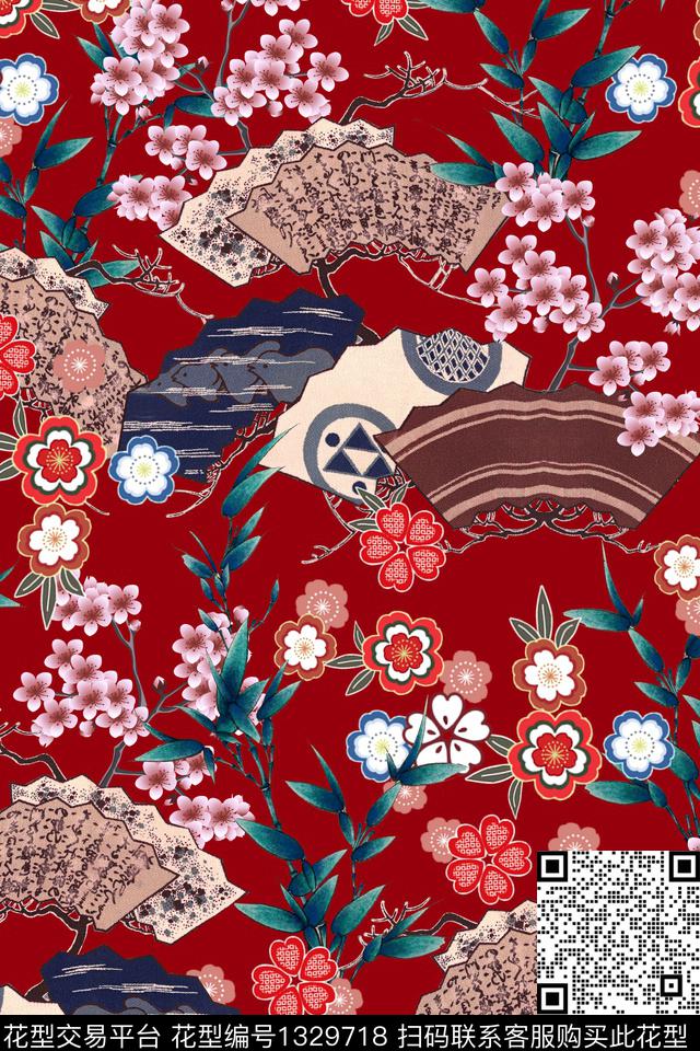 扇子梅花真丝数码印花华亿平台下载（图片编号: 1329718） - 瓦栏（Walan）