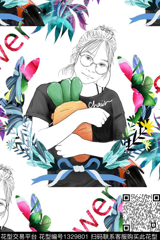 卡通人物清爽底花卉植物数码印花华亿平台下载（图片编号: 1329801） - 瓦栏（Walan）