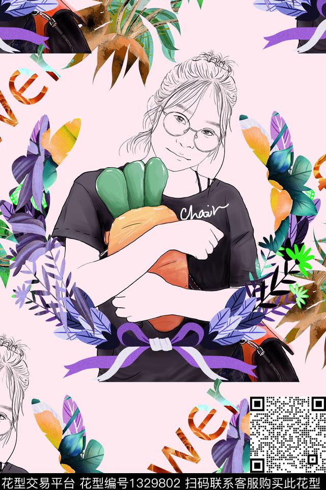 卡通人物清爽底花卉植物数码印花华亿平台下载（图片编号: 1329802） - 瓦栏（Walan）