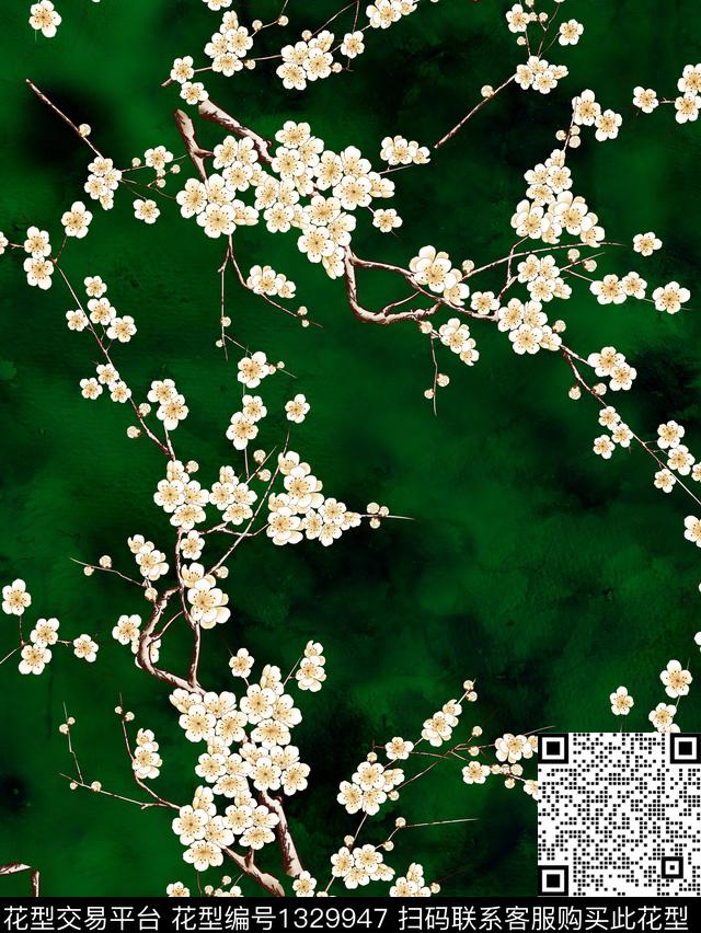 梅花花卉香云纱数码印花华亿平台下载（图片编号: 1329947） - 瓦栏（Walan）