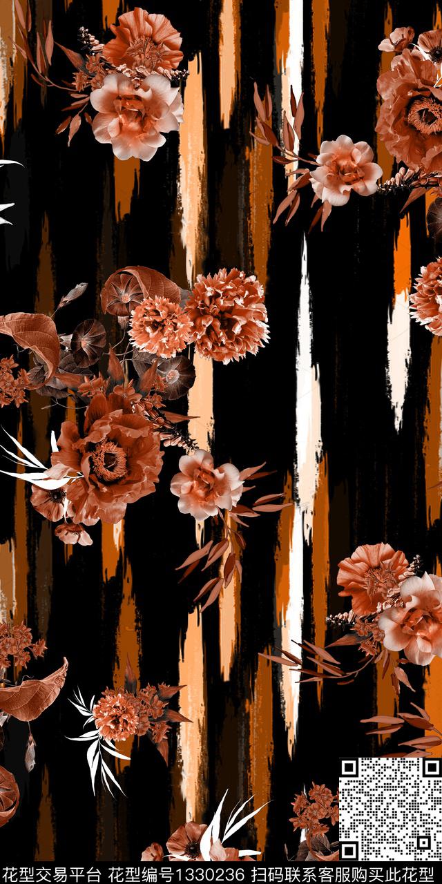 线条几何花卉数码印花华亿平台下载（图片编号: 1330236） - 瓦栏（Walan）