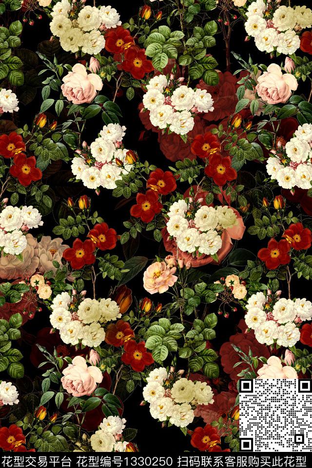 黑底花卉花卉香云纱数码印花华亿平台下载（图片编号: 1330250） - 瓦栏（Walan）