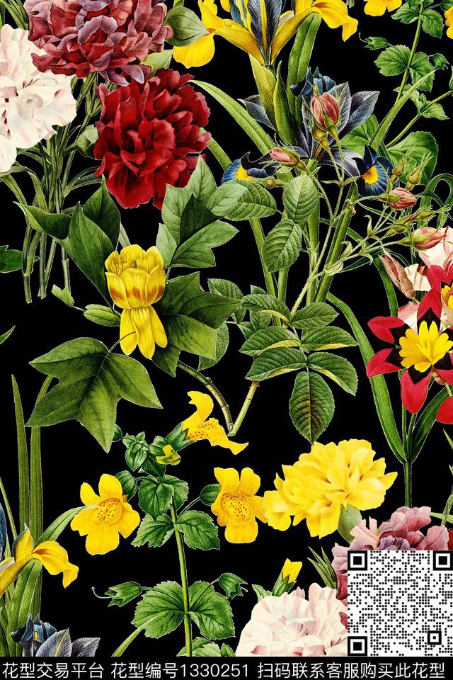 黑底花卉复古花卉数码印花华亿平台下载（图片编号: 1330251） - 瓦栏（Walan）