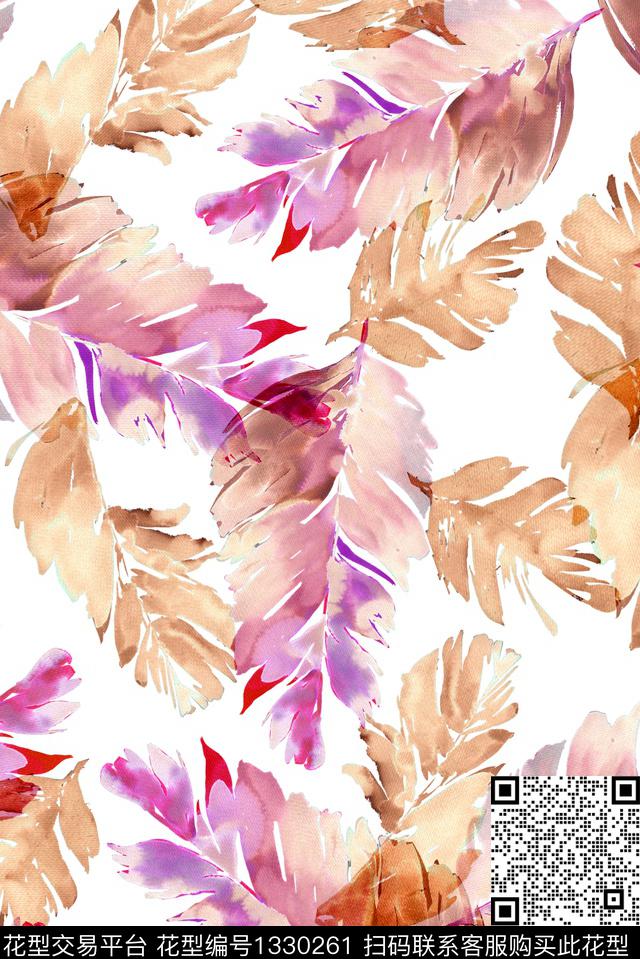 大牌风手绘绿植树叶数码印花华亿平台下载（图片编号: 1330261） - 瓦栏（Walan）