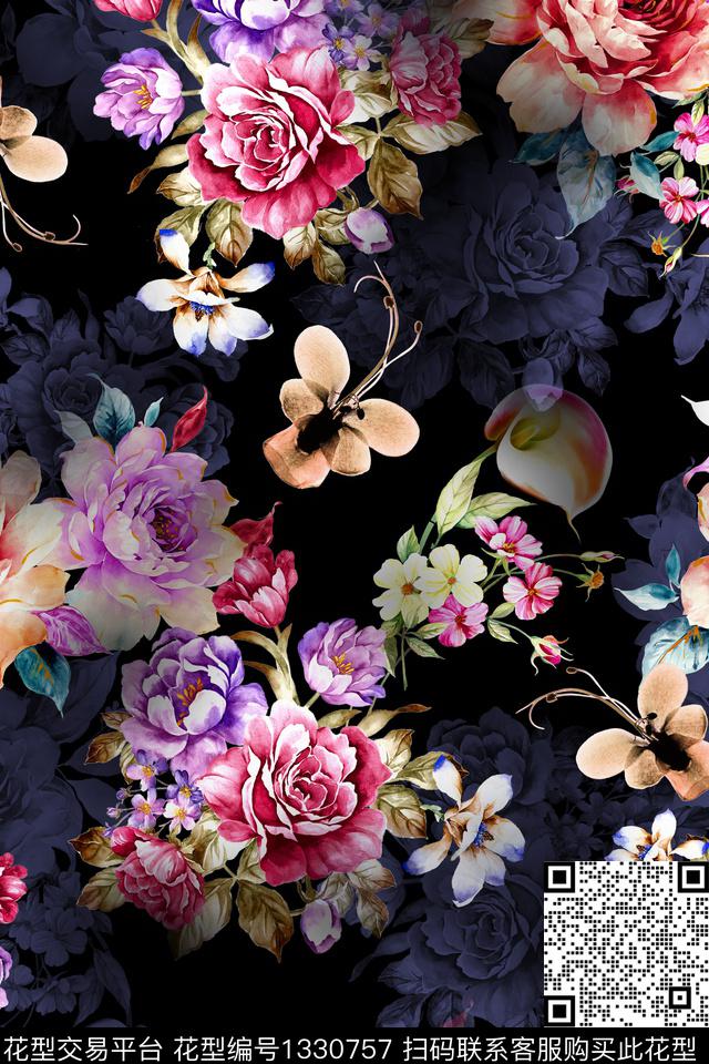 黑底花卉复古花卉数码印花华亿平台下载（图片编号: 1330757） - 瓦栏（Walan）
