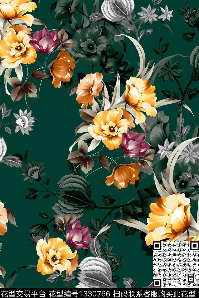 黑底花卉复古花卉数码印花华亿平台下载（图片编号: 1330766） - 瓦栏（Walan）