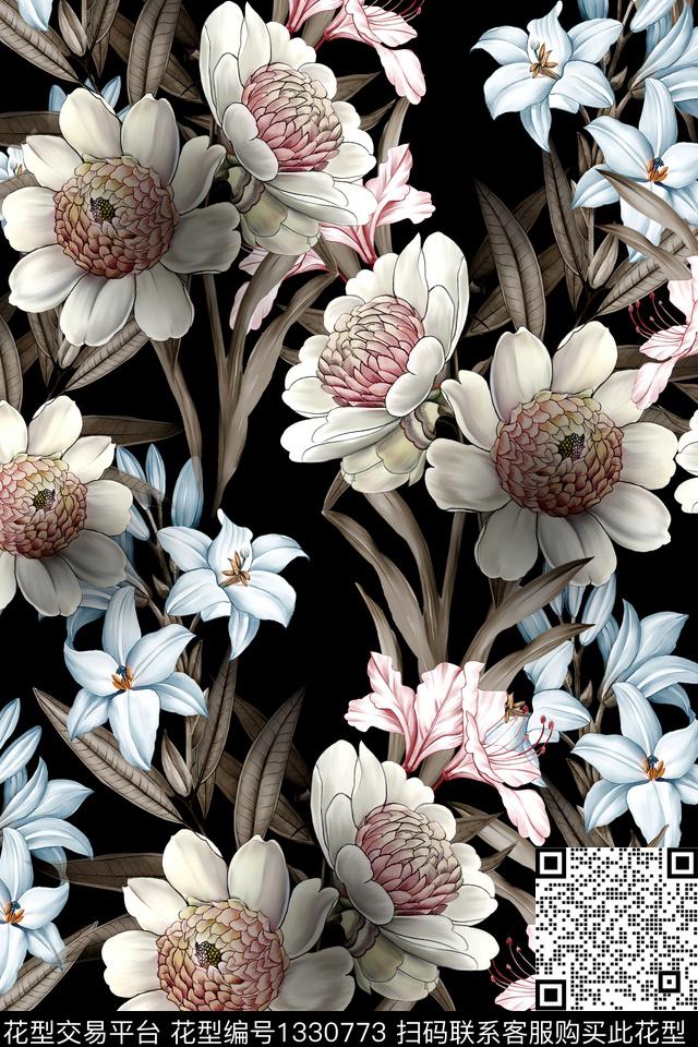 黑底花卉复古花卉数码印花华亿平台下载（图片编号: 1330773） - 瓦栏（Walan）