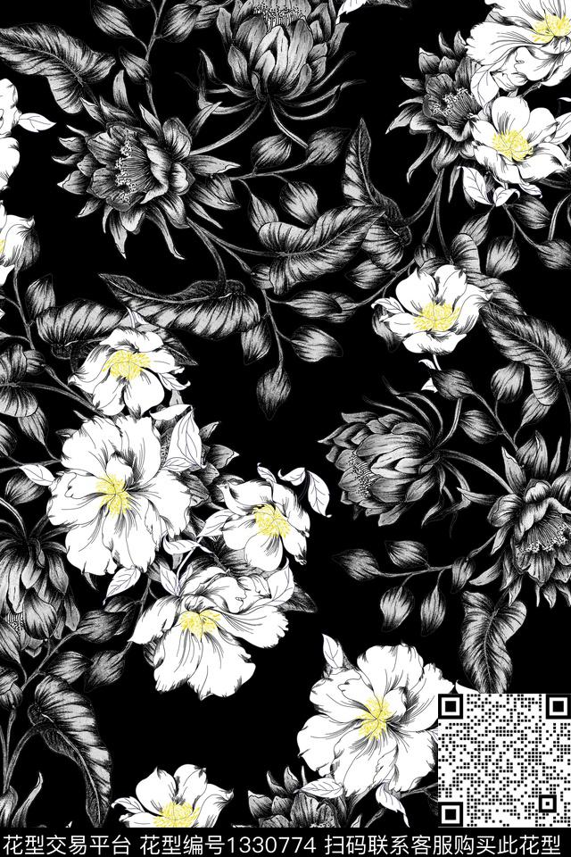 黑底花卉复古花卉数码印花华亿平台下载（图片编号: 1330774） - 瓦栏（Walan）
