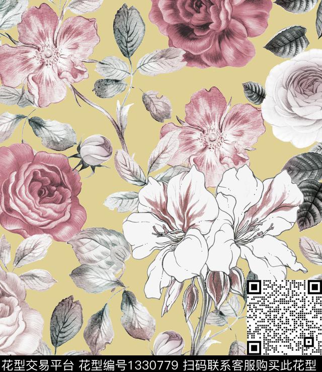 春夏华亿平台印花线条花卉数码印花华亿平台下载（图片编号: 1330779） - 瓦栏（Walan）