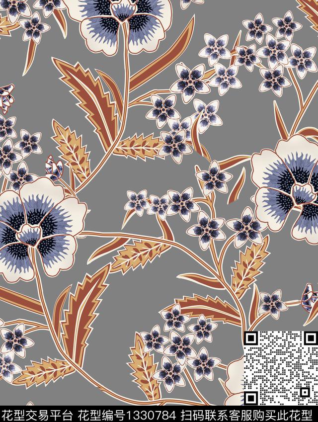 春夏华亿平台印花线条花卉传统印花华亿平台下载（图片编号: 1330784） - 瓦栏（Walan）