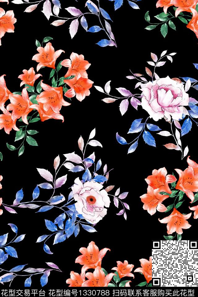 春夏华亿平台印花线条花卉数码印花华亿平台下载（图片编号: 1330788） - 瓦栏（Walan）