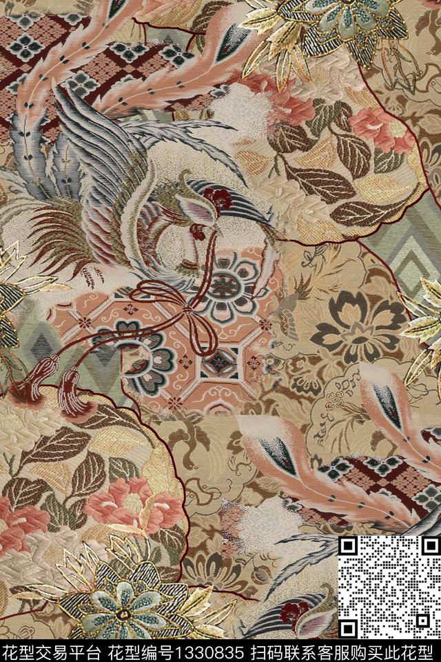 凤凰中国风仿刺绣效果花数码印花华亿平台下载（图片编号: 1330835） - 瓦栏（Walan）