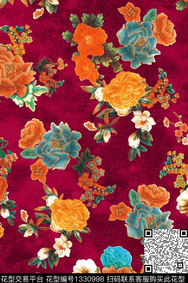 花卉香云纱旗袍数码印花华亿平台下载（图片编号: 1330998） - 瓦栏（Walan）
