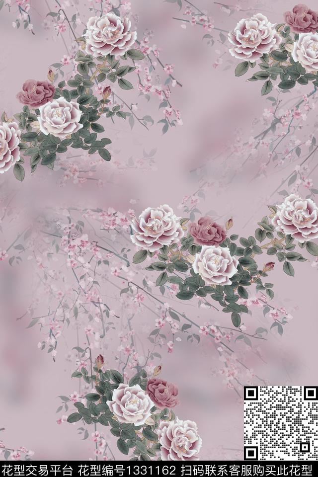 旗袍国画牡丹数码印花华亿平台下载（图片编号: 1331162） - 瓦栏（Walan）