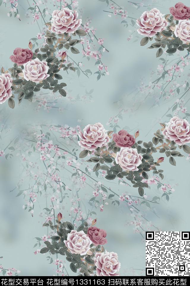 旗袍国画牡丹数码印花华亿平台下载（图片编号: 1331163） - 瓦栏（Walan）