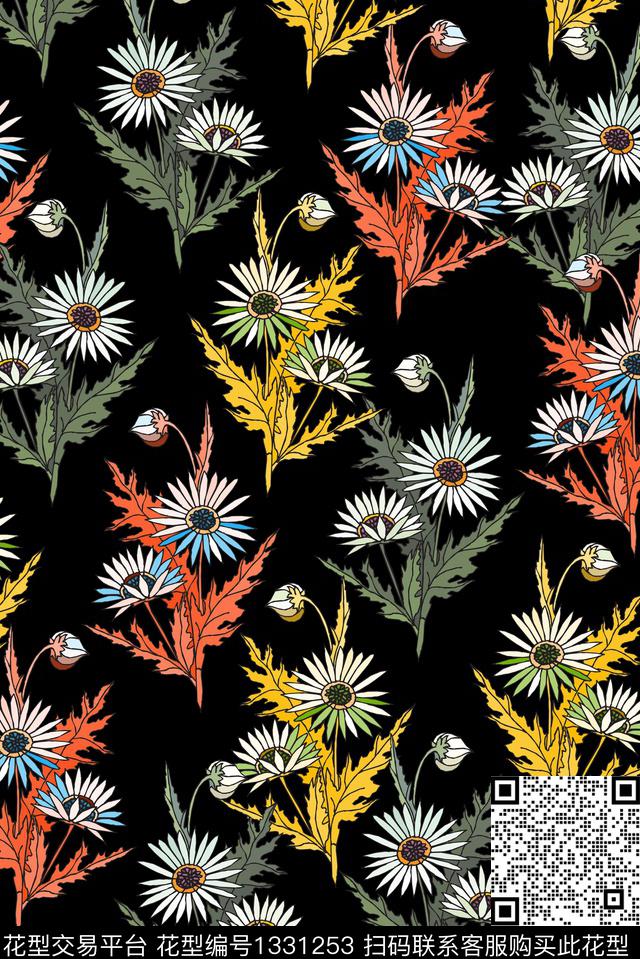 黑底花卉大牌风年轻时尚花传统印花华亿平台下载（图片编号: 1331253） - 瓦栏（Walan）