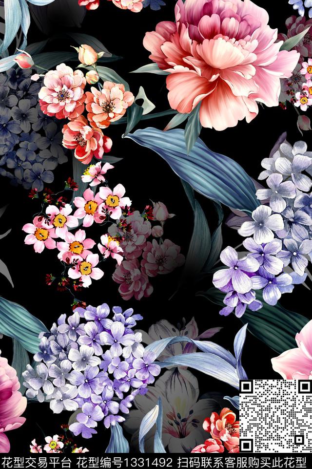 黑底花卉花卉香云纱数码印花华亿平台下载（图片编号: 1331492） - 瓦栏（Walan）