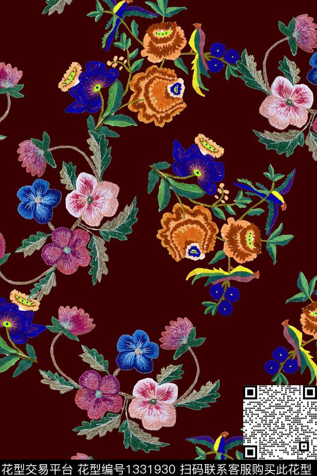 花卉香云纱旗袍数码印花华亿平台下载（图片编号: 1331930） - 瓦栏（Walan）