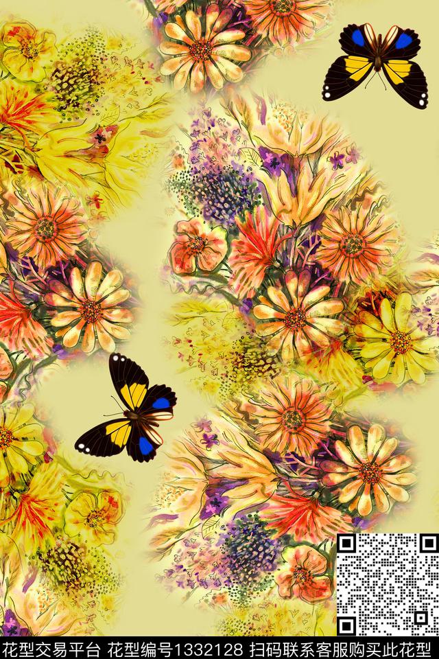 花卉蝴蝶连衣裙花卉数码印花华亿平台下载（图片编号: 1332128） - 瓦栏（Walan）