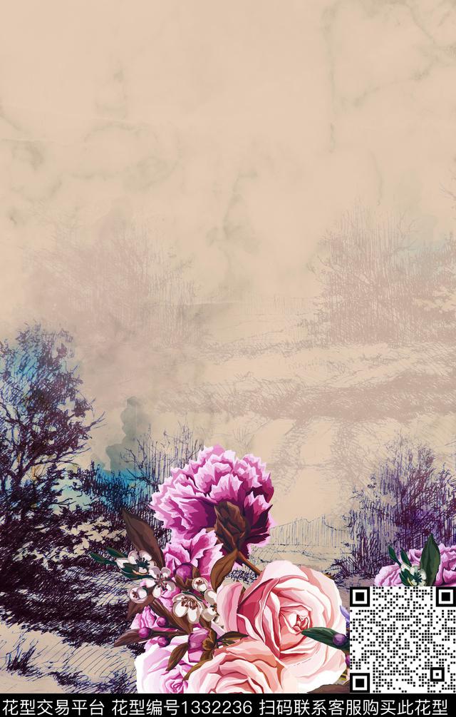 花卉国画水墨风数码印花华亿平台下载（图片编号: 1332236） - 瓦栏（Walan）