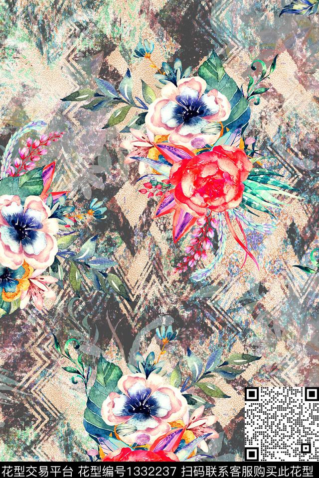 底纹花卉手绘数码印花华亿平台下载（图片编号: 1332237） - 瓦栏（Walan）