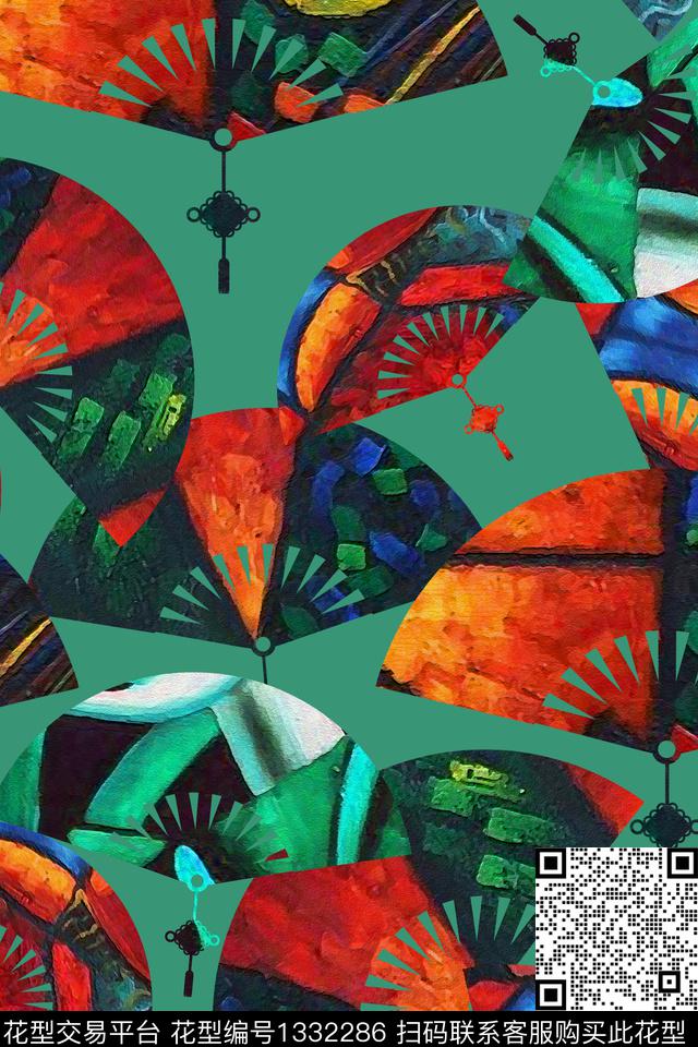 扇子几何油画华亿平台数码印花华亿平台下载（图片编号: 1332286） - 瓦栏（Walan）