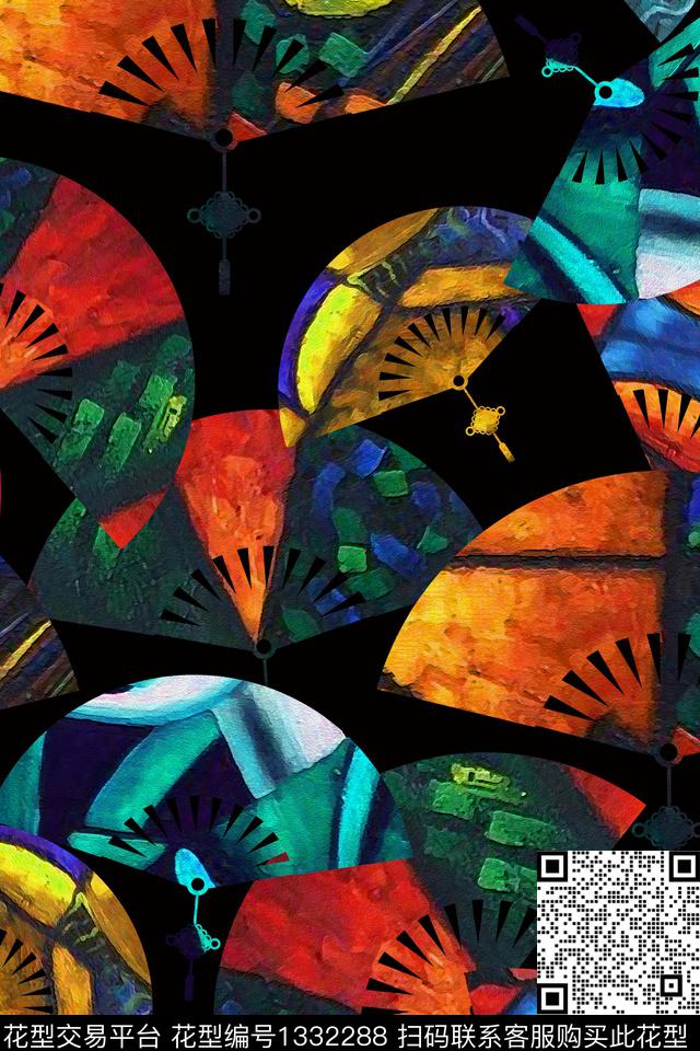 扇子几何油画华亿平台数码印花华亿平台下载（图片编号: 1332288） - 瓦栏（Walan）