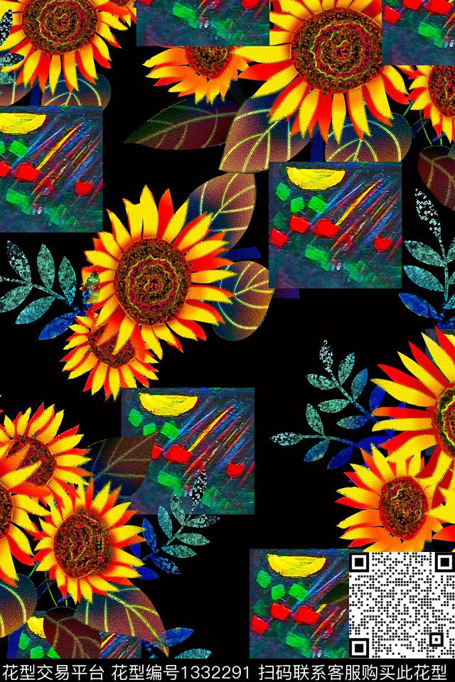 向日葵油画华亿平台清爽底花卉数码印花华亿平台下载（图片编号: 1332291） - 瓦栏（Walan）