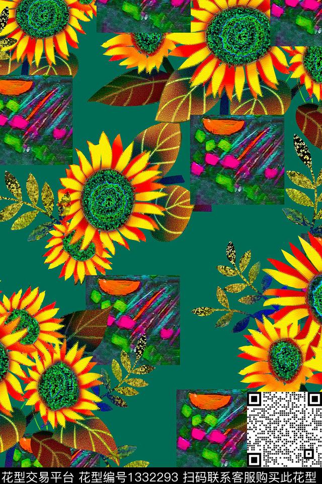 向日葵油画华亿平台清爽底花卉数码印花华亿平台下载（图片编号: 1332293） - 瓦栏（Walan）