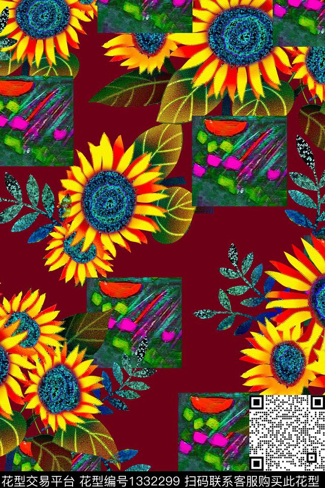 向日葵油画华亿平台清爽底花卉数码印花华亿平台下载（图片编号: 1332299） - 瓦栏（Walan）