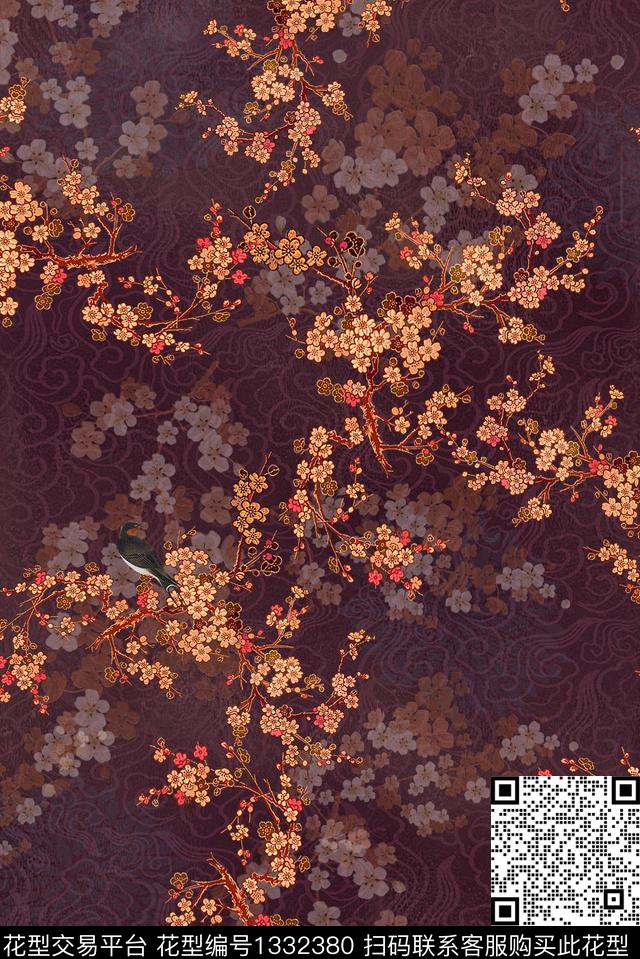 花鸟梅花香云纱数码印花华亿平台下载（图片编号: 1332380） - 瓦栏（Walan）