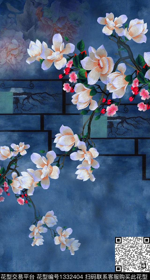 底纹真丝中国风定位花数码印花华亿平台下载（图片编号: 1332404） - 瓦栏（Walan）