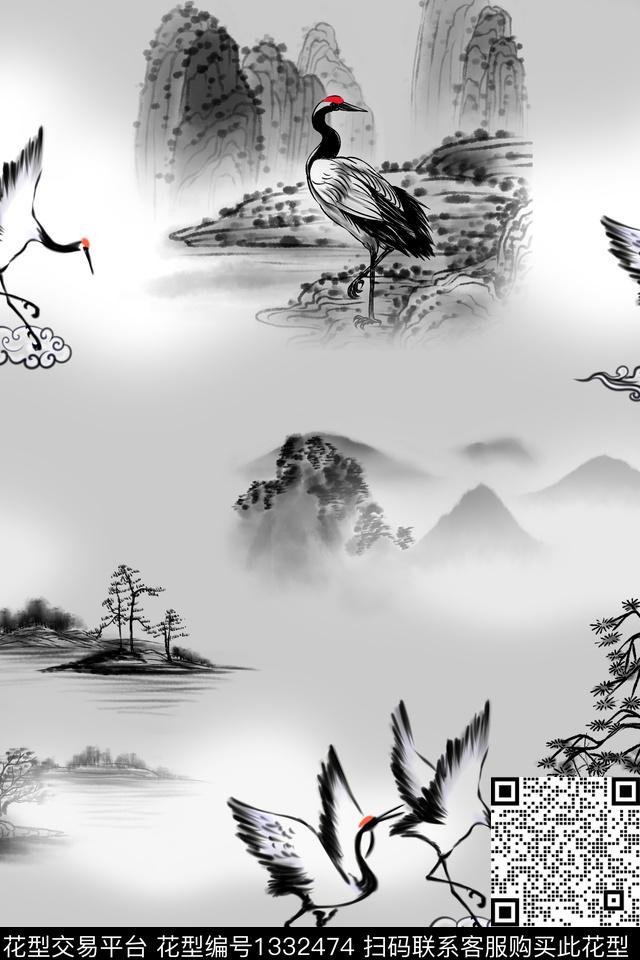 仙鹤水墨风旗袍数码印花华亿平台下载（图片编号: 1332474） - 瓦栏（Walan）