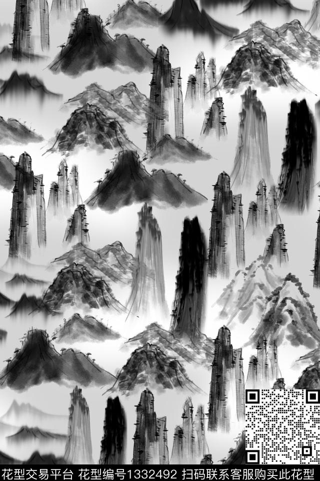 水墨风大牌风手绘数码印花华亿平台下载（图片编号: 1332492） - 瓦栏（Walan）