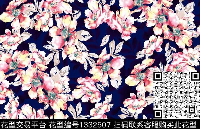 黑底花卉大牌风手绘大花数码印花华亿平台下载（图片编号: 1332507） - 瓦栏（Walan）