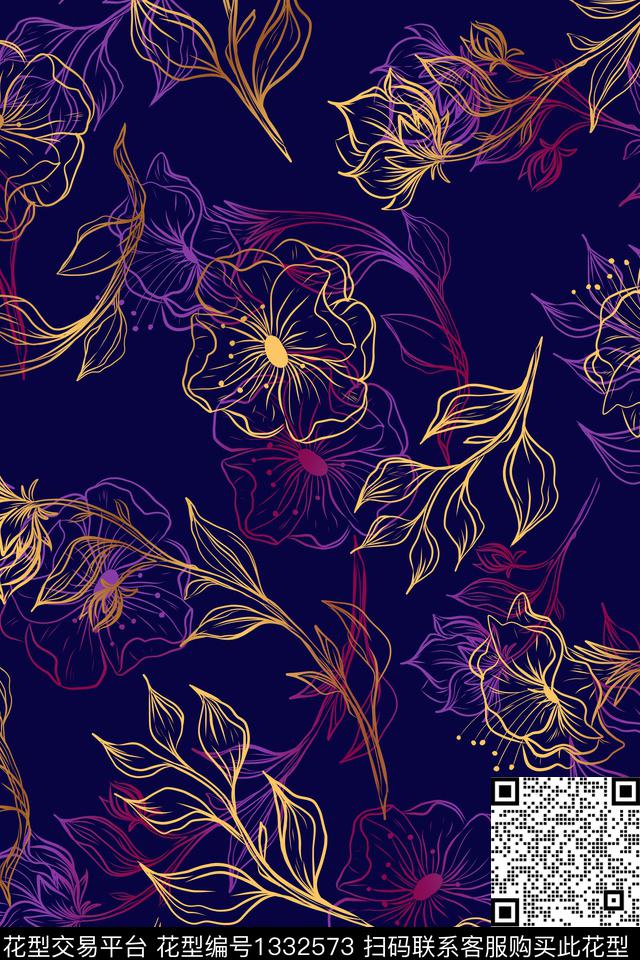 抽象花卉炫彩大牌风数码印花华亿平台下载（图片编号: 1332573） - 瓦栏（Walan）
