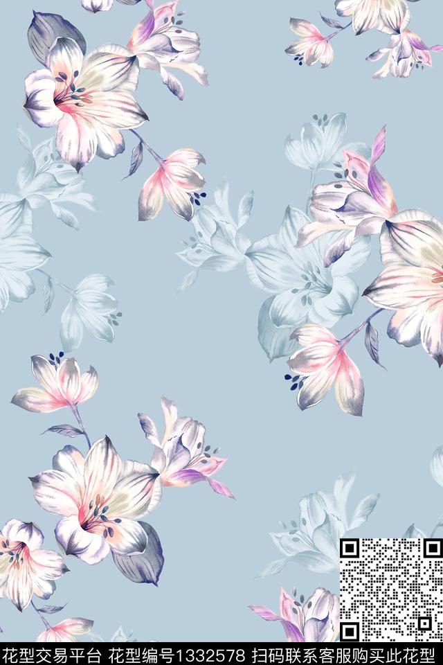 水彩清爽底花卉中国风数码印花华亿平台下载（图片编号: 1332578） - 瓦栏（Walan）