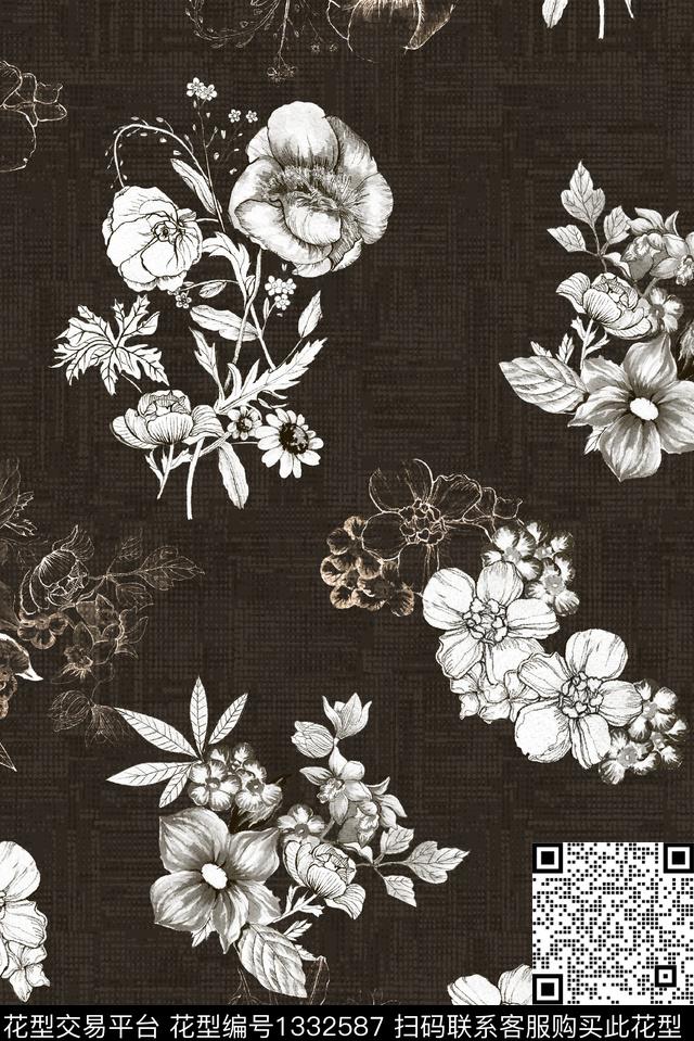 大牌风休闲手绘花卉数码印花华亿平台下载（图片编号: 1332587） - 瓦栏（Walan）
