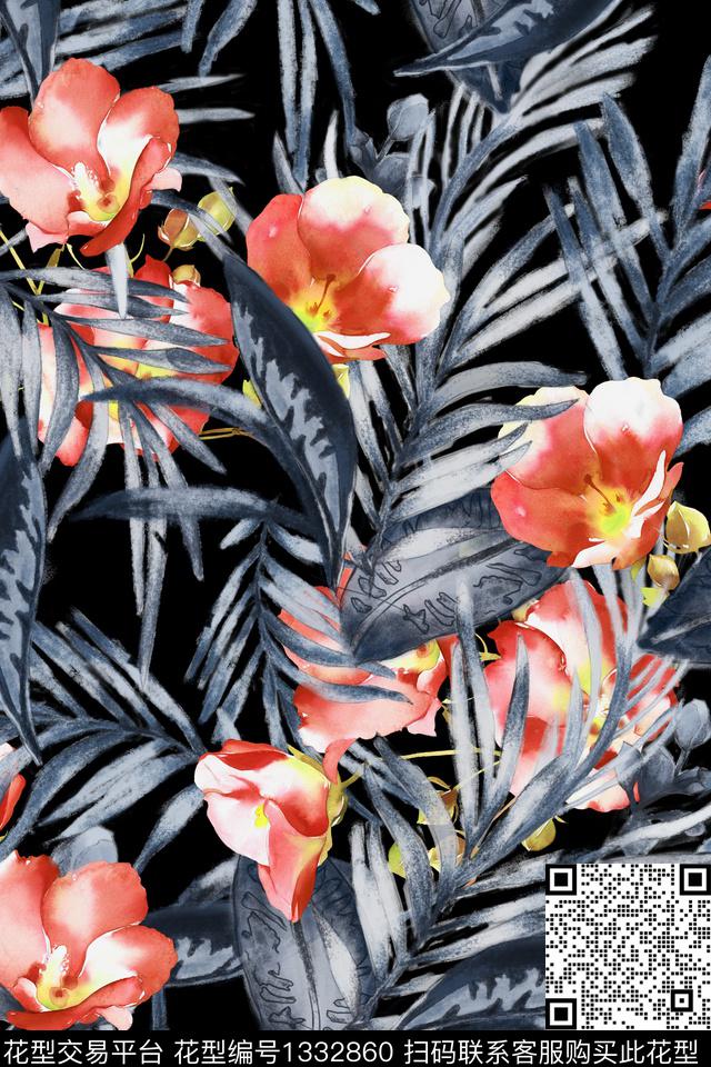 水彩大牌风枝叶数码印花华亿平台下载（图片编号: 1332860） - 瓦栏（Walan）