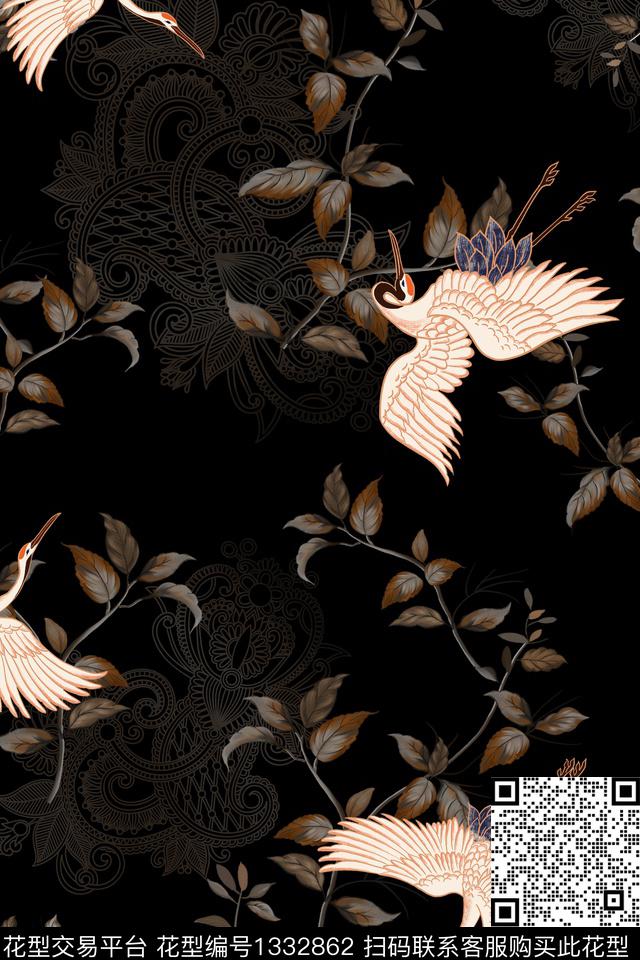 仙鹤佩斯利枝叶数码印花华亿平台下载（图片编号: 1332862） - 瓦栏（Walan）