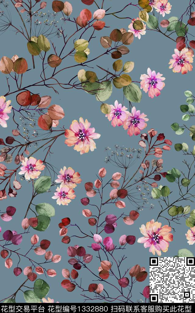 简约树枝花卉数码印花华亿平台下载（图片编号: 1332880） - 瓦栏（Walan）