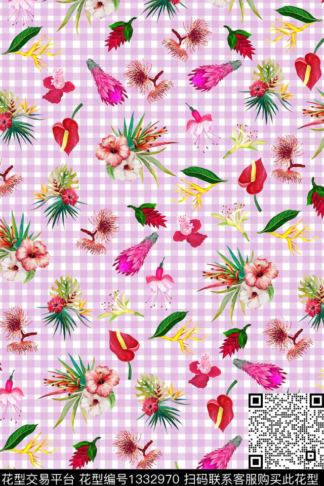 格子几何花卉数码印花华亿平台下载（图片编号: 1332970） - 瓦栏（Walan）