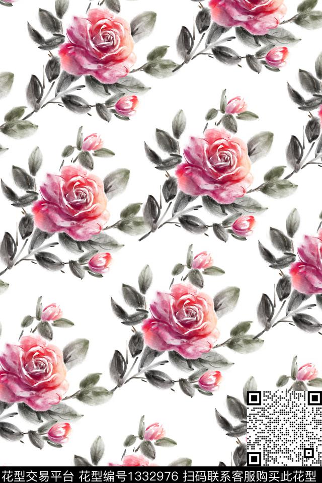 玫瑰花手绘水彩花卉数码印花华亿平台下载（图片编号: 1332976） - 瓦栏（Walan）