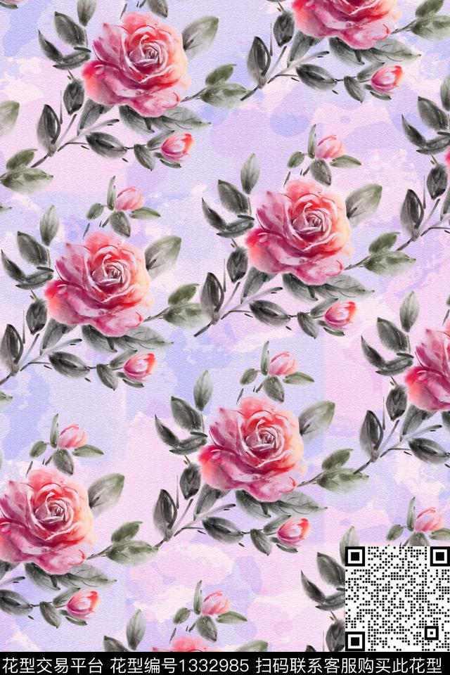玫瑰花手绘水彩花卉数码印花华亿平台下载（图片编号: 1332985） - 瓦栏（Walan）