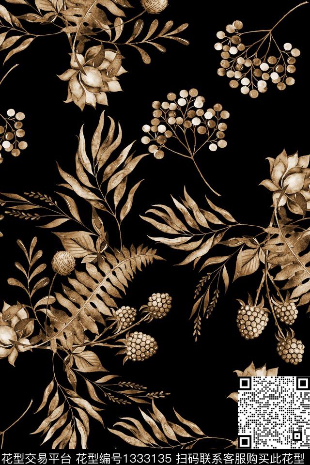 枝叶水果水彩数码印花华亿平台下载（图片编号: 1333135） - 瓦栏（Walan）