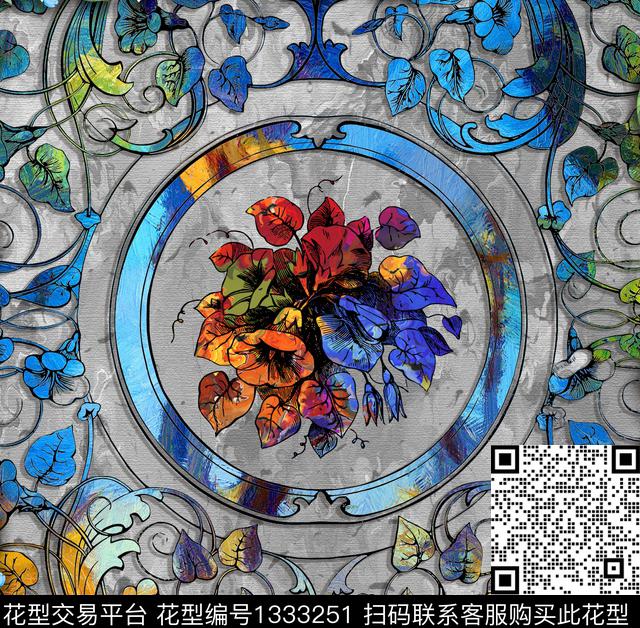 几何花卉方巾丝巾定位花数码印花华亿平台下载（图片编号: 1333251） - 瓦栏（Walan）