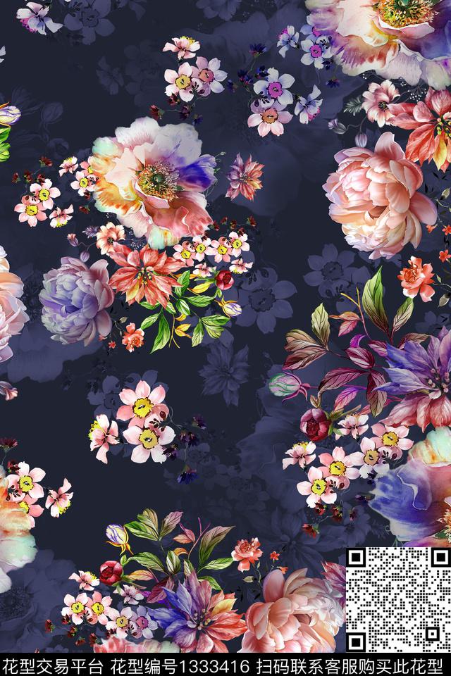 花卉香云纱大牌风数码印花华亿平台下载（图片编号: 1333416） - 瓦栏（Walan）