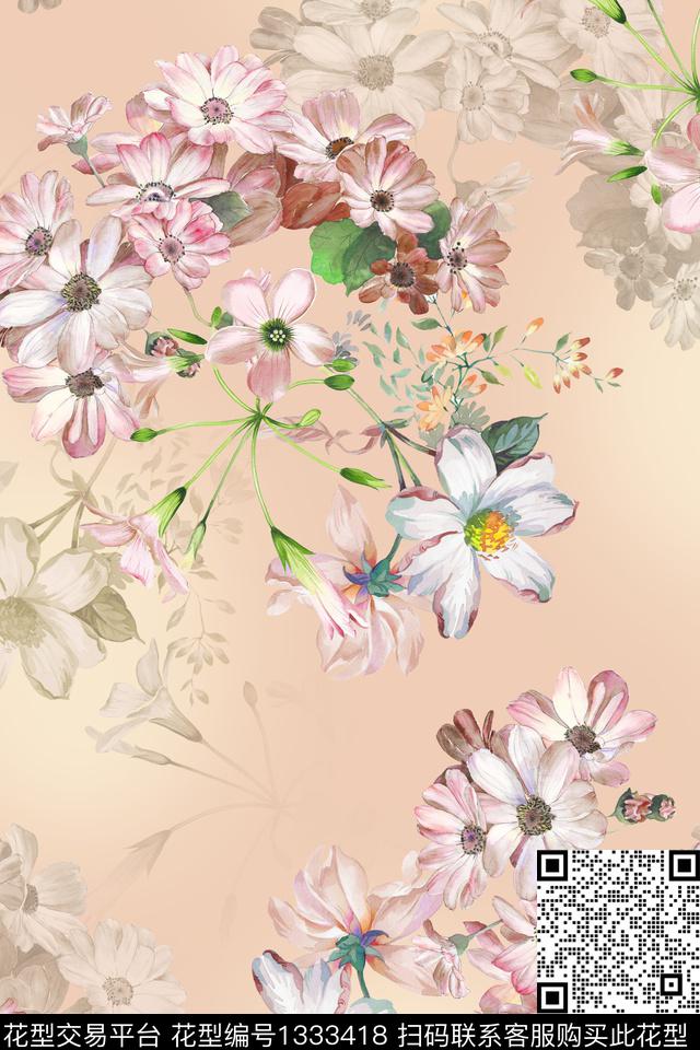 几何花卉水彩肌理数码印花华亿平台下载（图片编号: 1333418） - 瓦栏（Walan）