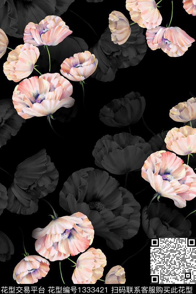 几何花卉水彩大花数码印花华亿平台下载（图片编号: 1333421） - 瓦栏（Walan）